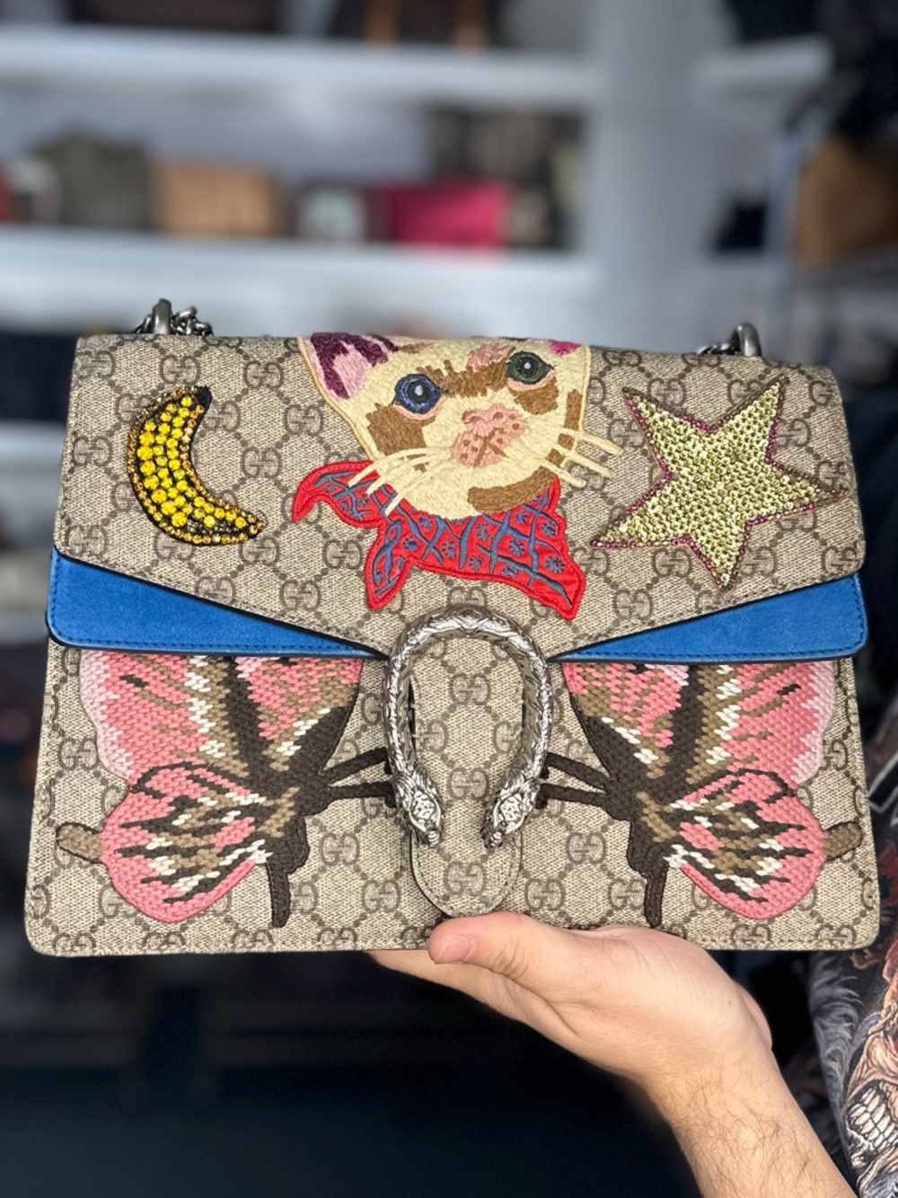 Gucci Beige GG Supreme Shoulder Bag with silver horse bit, cat and butterfly emb